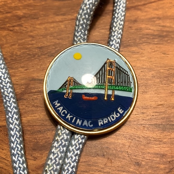 MACKINAC Bridge, Michigan, Bolo Tie, Textile Cord, Metal Trim 16” - Picture 1 of 5
